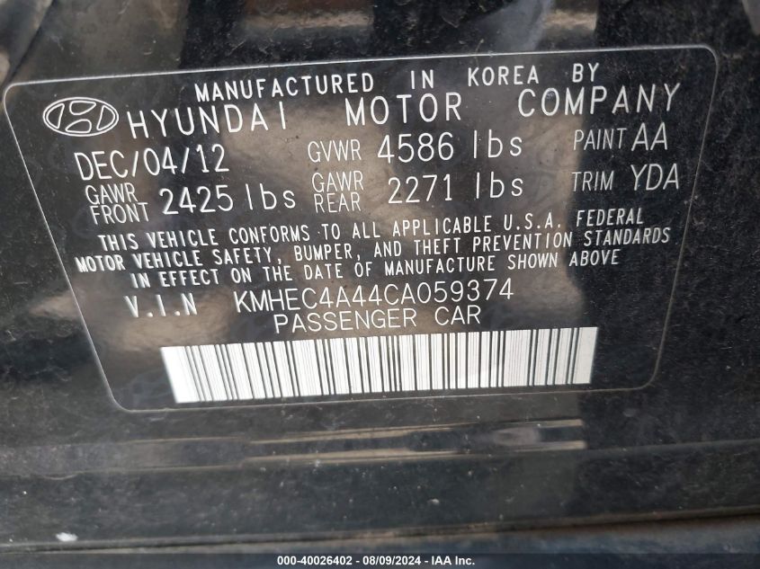 2012 Hyundai Sonata Hybrid VIN: KMHEC4A44CA059374 Lot: 40026402