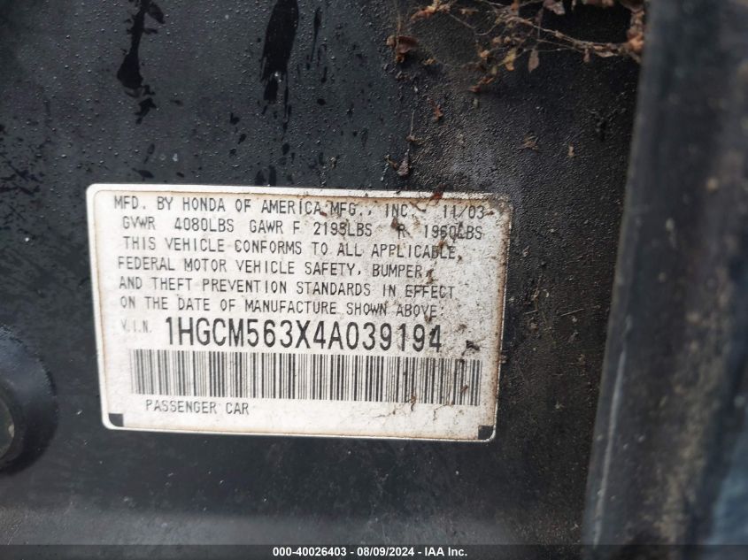 2004 Honda Accord Lx VIN: 1HGCM563X4A039194 Lot: 40026403