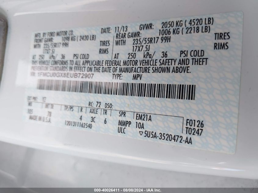 2014 Ford Escape Se VIN: 1FMCU0GX8EUB72907 Lot: 40026411