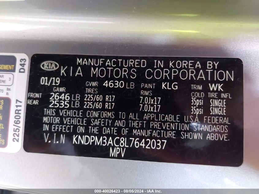 2020 Kia Sportage Lx VIN: KNDPM3AC8L7642037 Lot: 40026423