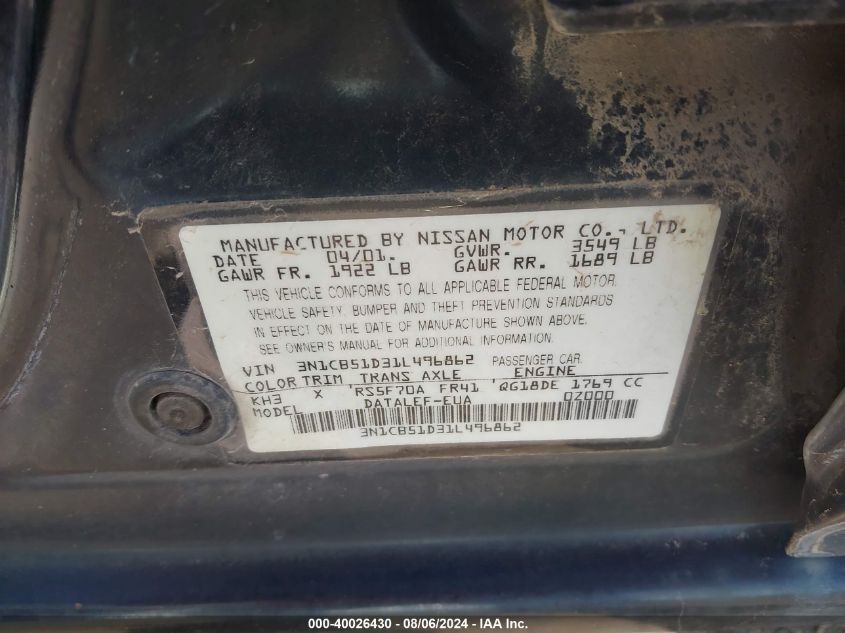 2001 Nissan Sentra Xe/Gxe VIN: 3N1CB51D31L496862 Lot: 40026430