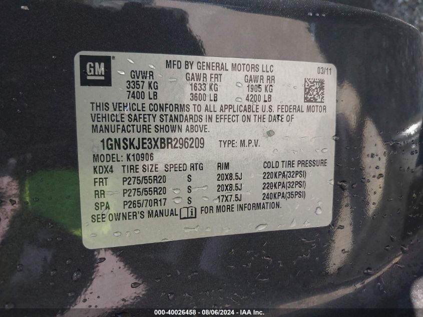 2011 Chevrolet Suburban 1500 Lt1 VIN: 1GNSKJE3XBR296209 Lot: 40026458