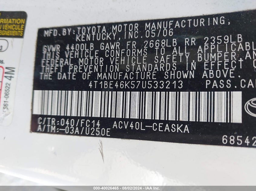 2007 Toyota Camry Se VIN: 4T1BE46K57U533213 Lot: 40026465