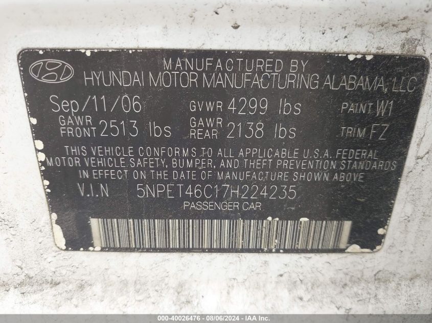 5NPET46C17H224235 2007 Hyundai Sonata Gls