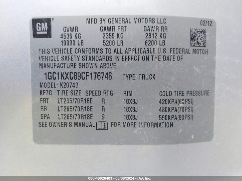 2012 Chevrolet Silverado K2500 Heavy Duty Lt VIN: 1GC1KXC89CF176748 Lot: 40026483