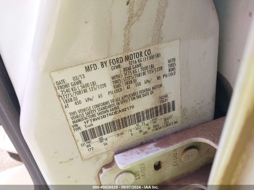 2013 Ford F-350 Lariat VIN: 1FT8W3BT6DEA92170 Lot: 40026529