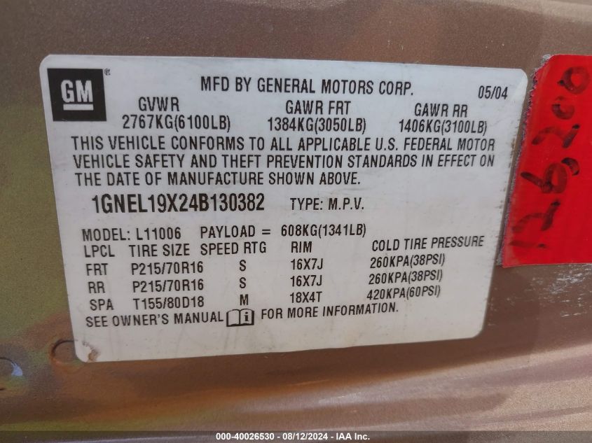 2004 Chevrolet Astro VIN: 1GNEL19X24B130382 Lot: 40026530