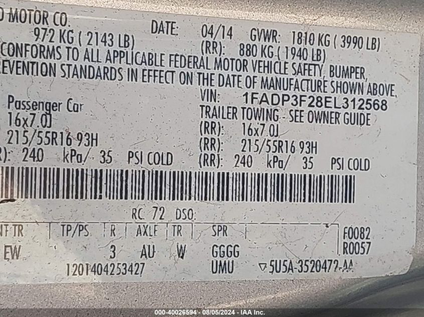 1FADP3F28EL312568 2014 Ford Focus Se