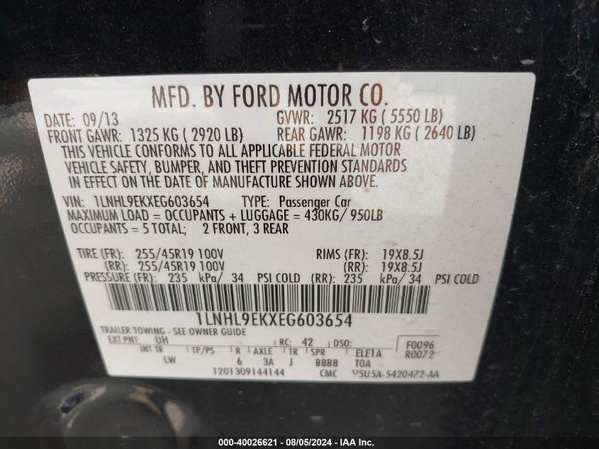 2014 Lincoln Mks VIN: 1LNHL9EKXEG603654 Lot: 40026621