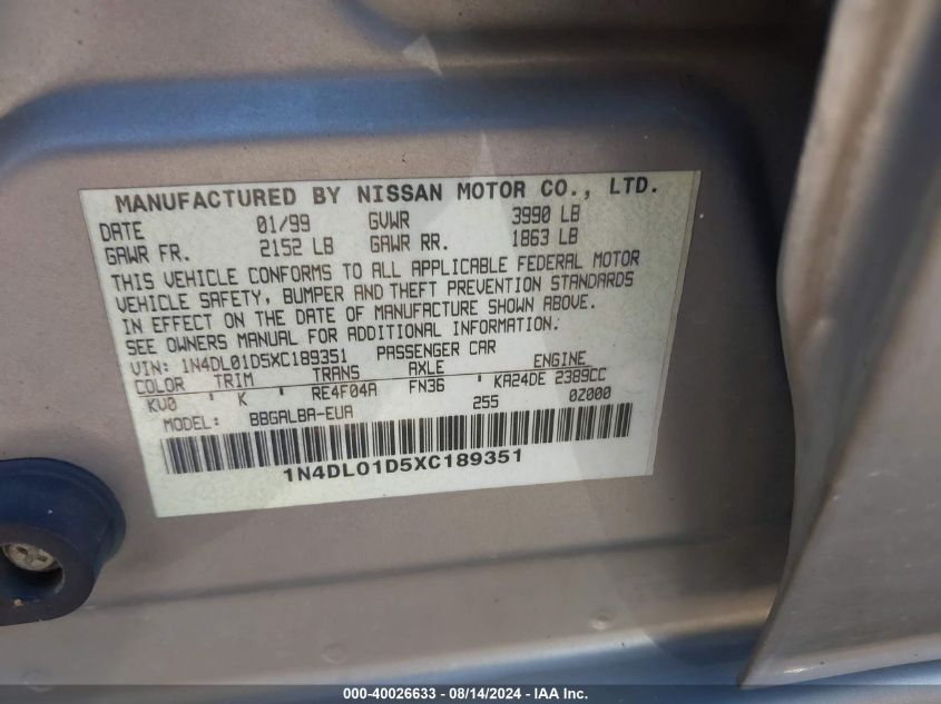 1999 Nissan Altima Xe/Gxe/Se/Gle VIN: 1N4DL01D5XC189351 Lot: 40026633