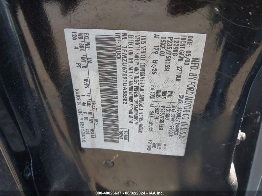 2001 Ford Explorer Sport Trac VIN: 1FMZU67E91UA58582 Lot: 40026637