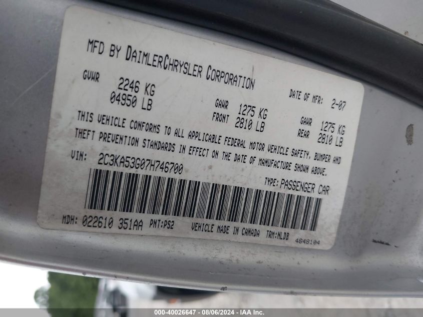 2007 Chrysler 300 Touring VIN: 2C3KA53G07H746700 Lot: 40026647