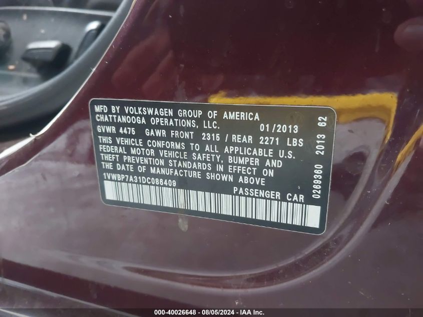 2013 Volkswagen Passat 2.5L Se VIN: 1VWBP7A31DC086409 Lot: 40026648