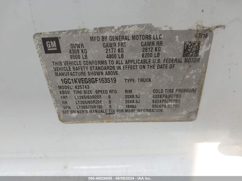 2016 Chevrolet Silverado 2500Hd Lt VIN: 1GC1KVEG8GF163519 Lot: 40026658