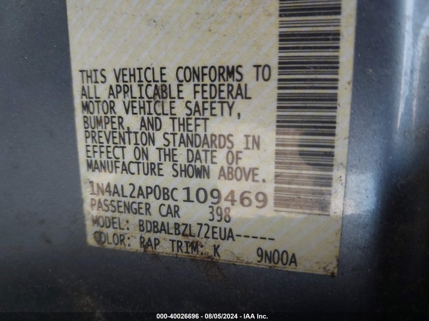 2011 Nissan Altima 2.5 S VIN: 1N4AL2AP0BC109469 Lot: 40026696