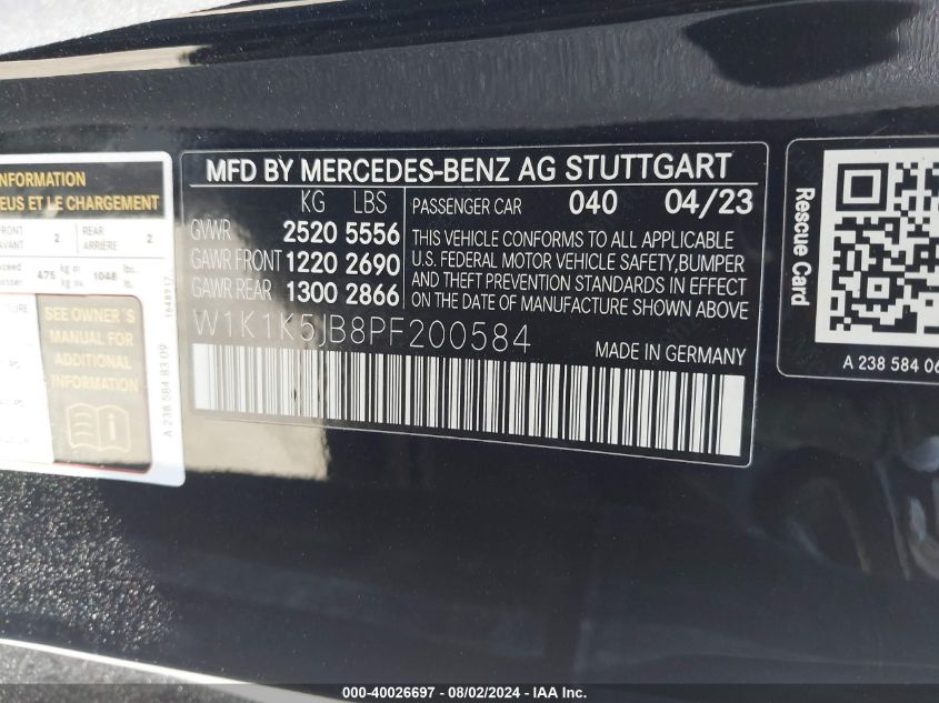 2023 Mercedes-Benz E 450 VIN: W1K1K5JB8PF200584 Lot: 40026697