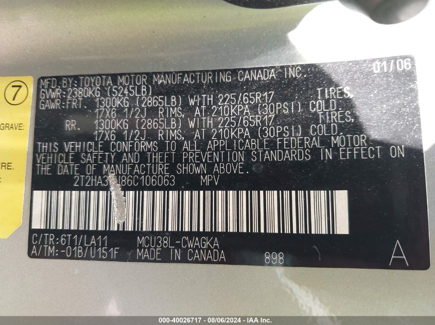 2006 Lexus Rx 330 VIN: 2T2HA31U86C106063 Lot: 40026717