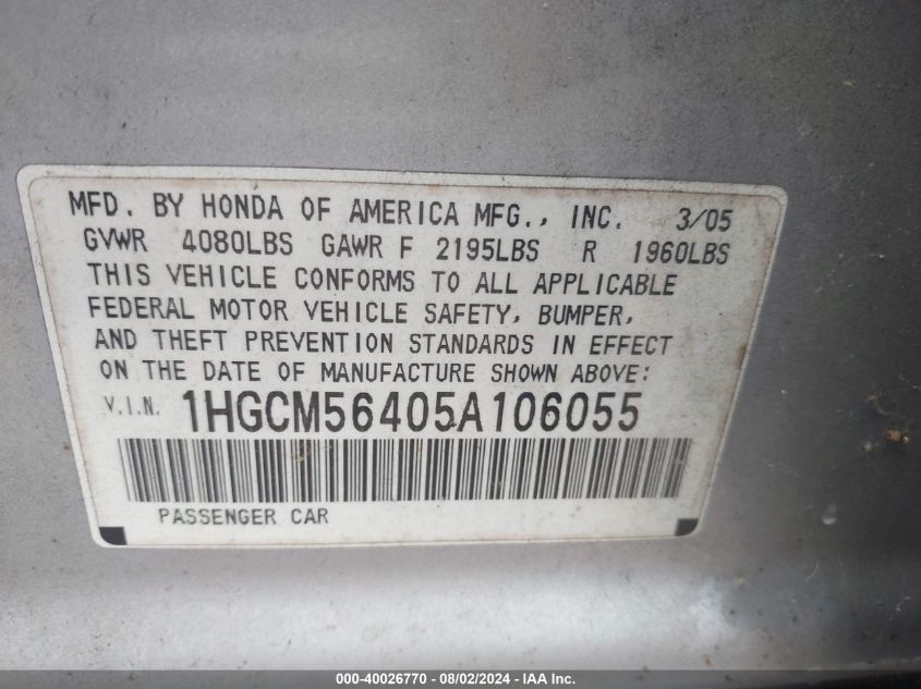 2005 Honda Accord 2.4 Lx VIN: 1HGCM56405A106055 Lot: 40026770