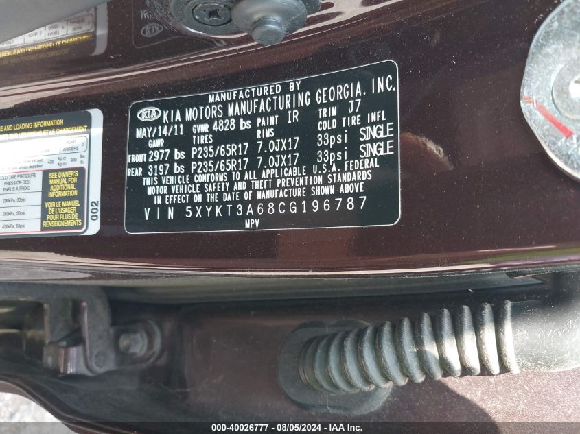 2012 Kia Sorento Lx VIN: 5XYKT3A68CG196787 Lot: 40026777