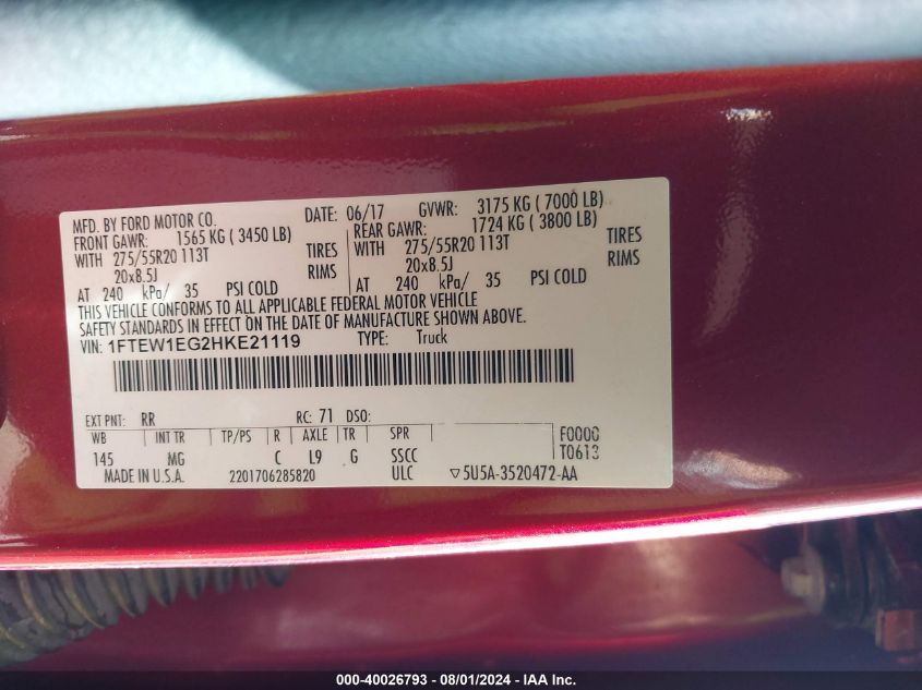 2017 Ford F-150 Xlt VIN: 1FTEW1EG2HKE21119 Lot: 40026793
