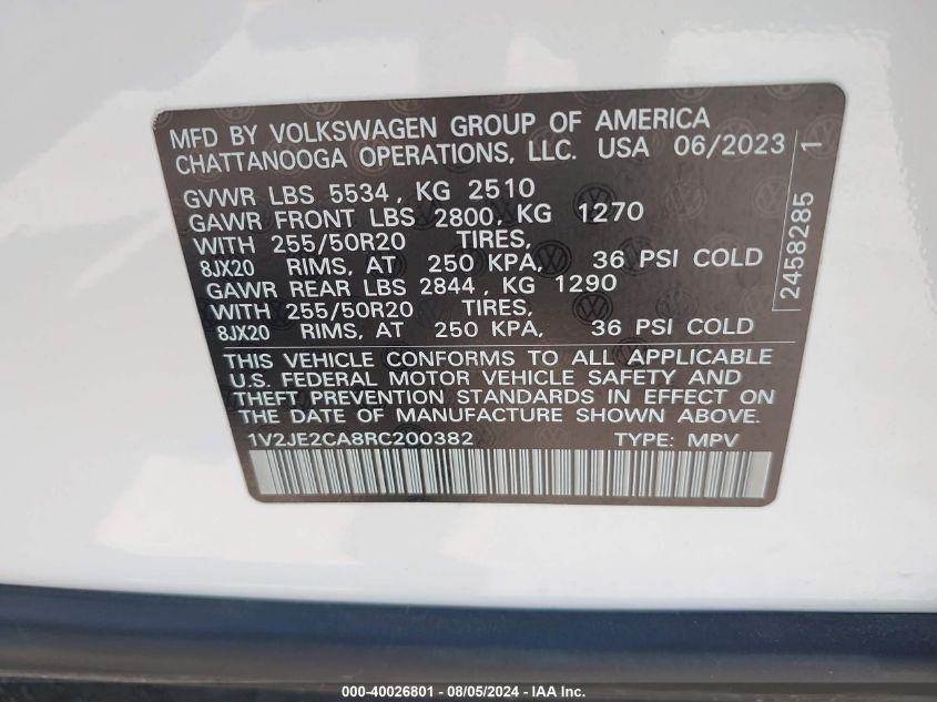 2024 Volkswagen Atlas Cross Sport 2.0T Se W/Technology VIN: 1V2JE2CA8RC200382 Lot: 40026801