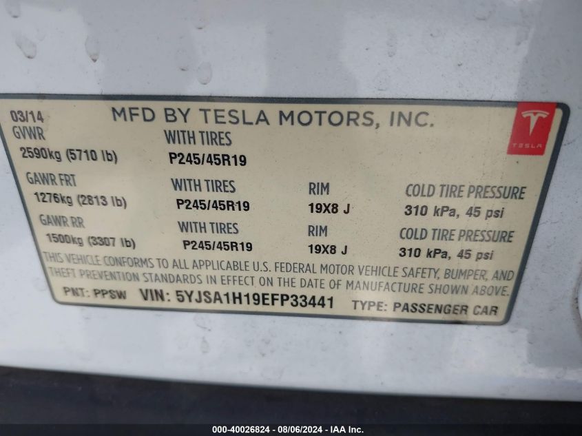 2014 Tesla Model S VIN: 5YJSA1H19EFP33441 Lot: 40026824