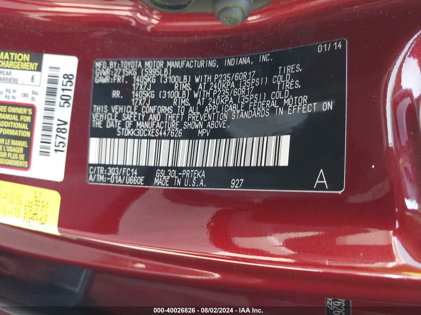 2014 Toyota Sienna Le V6 8 Passenger VIN: 5TDKK3DCXES447626 Lot: 40026826