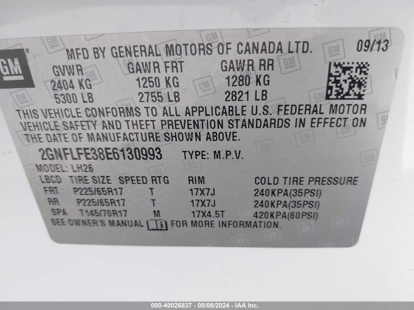 2014 Chevrolet Equinox Lt VIN: 2GNFLFE38E6130993 Lot: 40026837