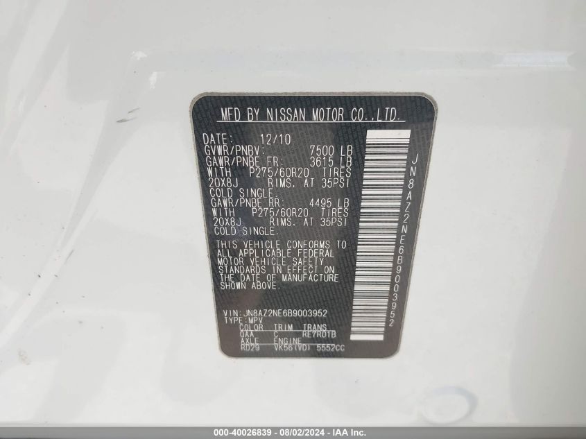 2011 Infiniti Qx56 VIN: JN8AZ2NE6B9003952 Lot: 40026839