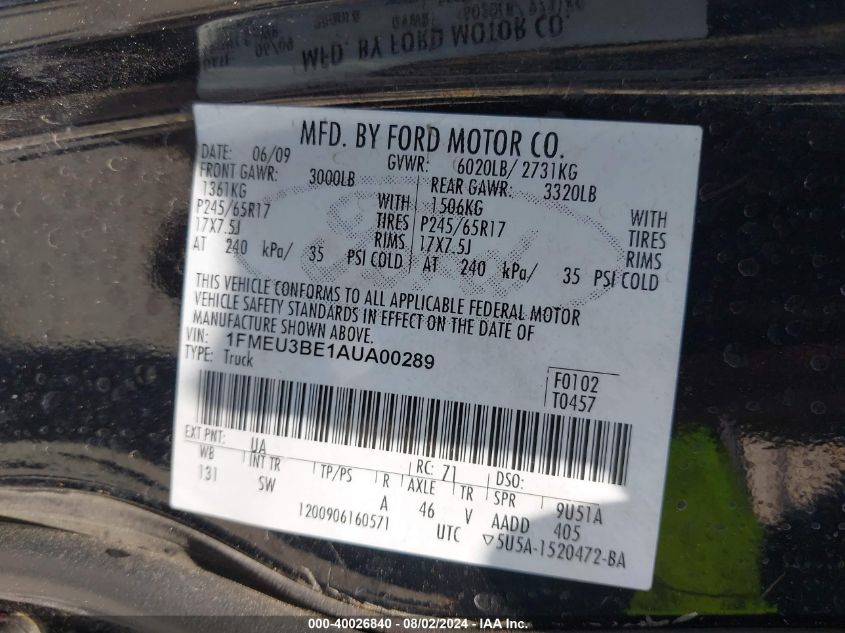 2010 Ford Explorer Sport Trac Xlt VIN: 1FMEU3BE1AUA00289 Lot: 40026840