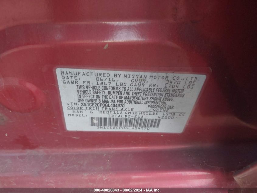 2016 Nissan Versa Note Sv VIN: 3N1CE2CP0GL404970 Lot: 40026843