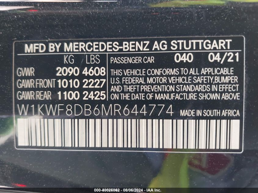 2021 Mercedes-Benz C 300 Sedan VIN: W1KWF8DB6MR644774 Lot: 40026862