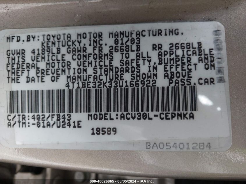 2003 Toyota Camry Le VIN: 4T1BE32K33U166922 Lot: 40026865