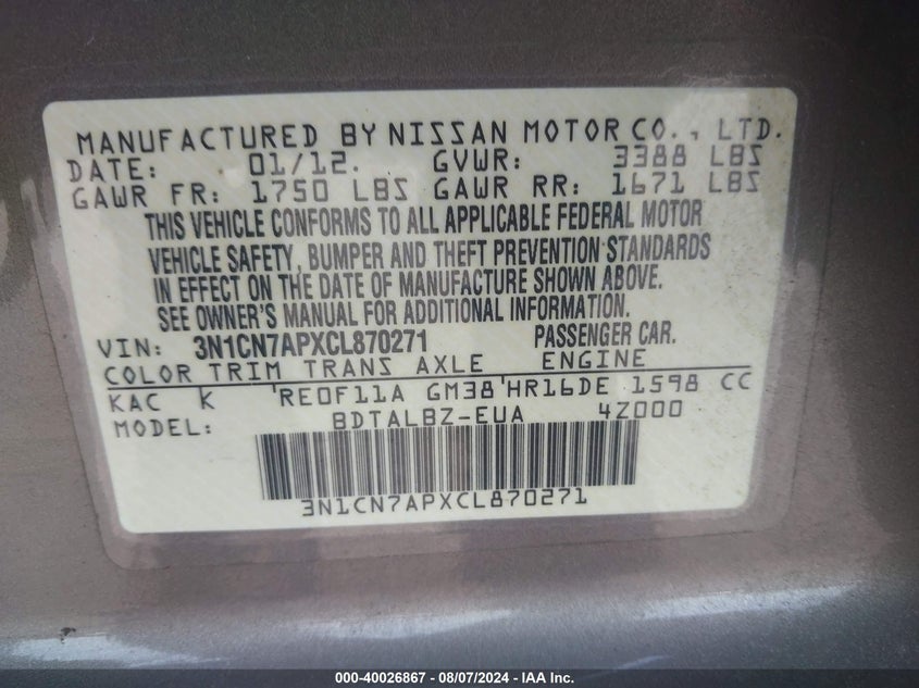 2012 Nissan Versa 1.6 Sv VIN: 3N1CN7APXCL870271 Lot: 40026867