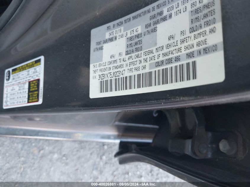 2018 Mazda Mazda3 Sport VIN: 3MZBN1K75JM203147 Lot: 40026881