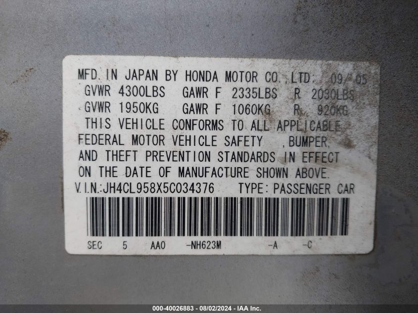 2005 Acura Tsx VIN: JH4CL958X5C034376 Lot: 40026883