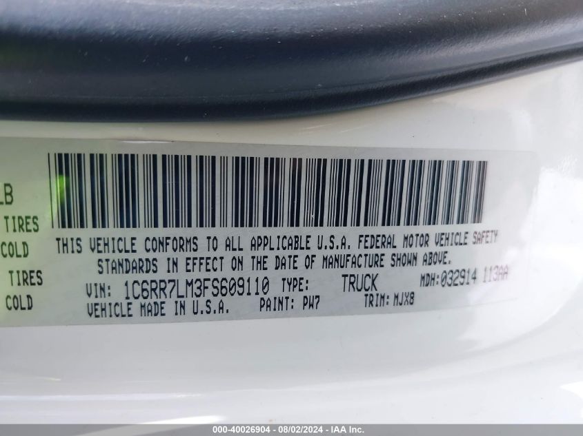 2015 Ram 1500 Lone Star VIN: 1C6RR7LM3FS609110 Lot: 40026904