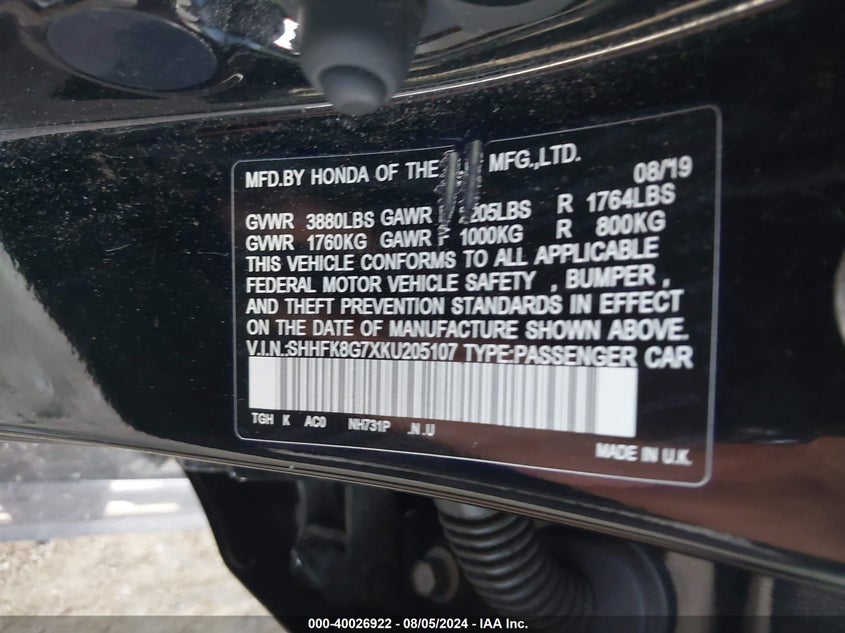 2019 HONDA CIVIC TYPE R TOURING - SHHFK8G7XKU205107
