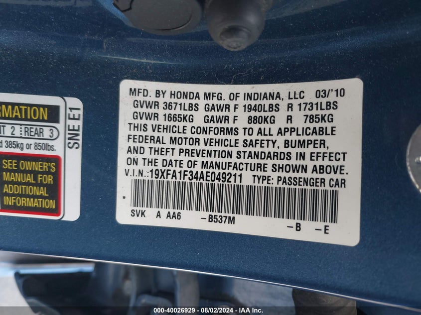 2010 Honda Civic Vp VIN: 19XFA1F34AE049211 Lot: 40026929