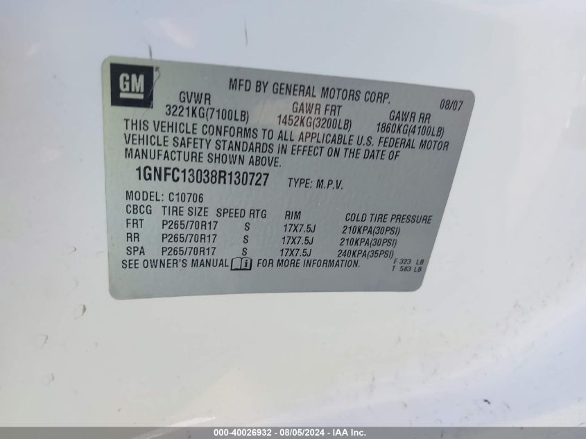 2008 Chevrolet Tahoe C1500 VIN: 1GNFC13038R130727 Lot: 40026932