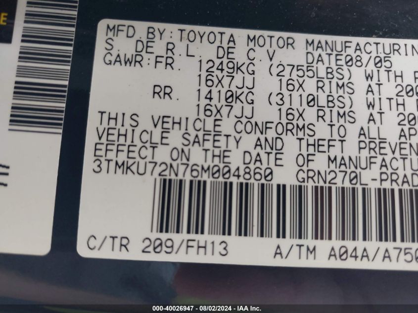 2006 Toyota Tacoma Prerunner V6 VIN: 3TMKU72N76M004860 Lot: 40026947