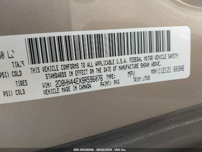2009 Dodge Grand Caravan Se VIN: 2D8HN44EX9R596076 Lot: 40026949