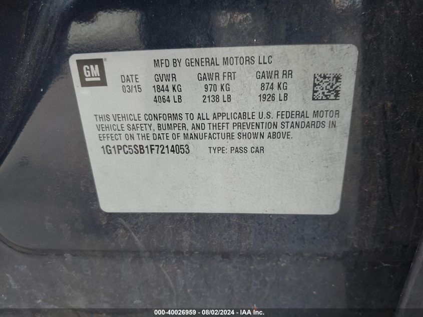 2015 Chevrolet Cruze 1Lt Auto VIN: 1G1PC5SB1F7214053 Lot: 40026959