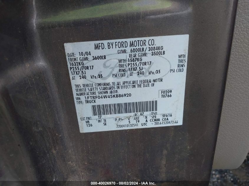 2005 Ford F-150 Stx/Xlt VIN: 1FTRF04W45KB86920 Lot: 40026970