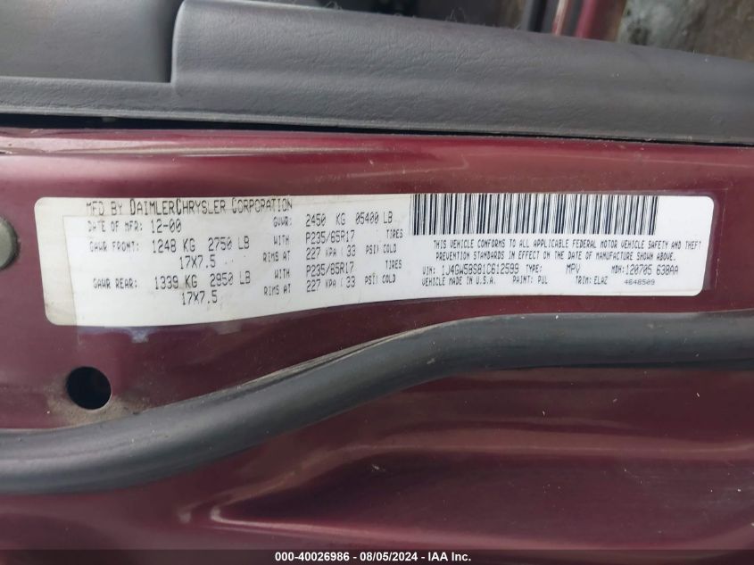 2001 Jeep Grand Cherokee Limited VIN: 1J4GW58S81C612599 Lot: 40026986