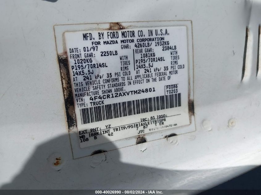 1997 Mazda B2300 Se VIN: 4F4CR12AXVTM24801 Lot: 40026990