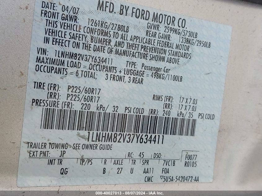 2007 Lincoln Town Car Signature Limited VIN: 1LNHM82V37Y634411 Lot: 40027013