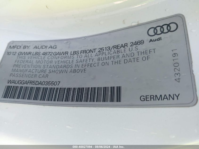 2013 Audi S5 3.0T Premium Plus VIN: WAUGGAFR5DA035507 Lot: 40027094