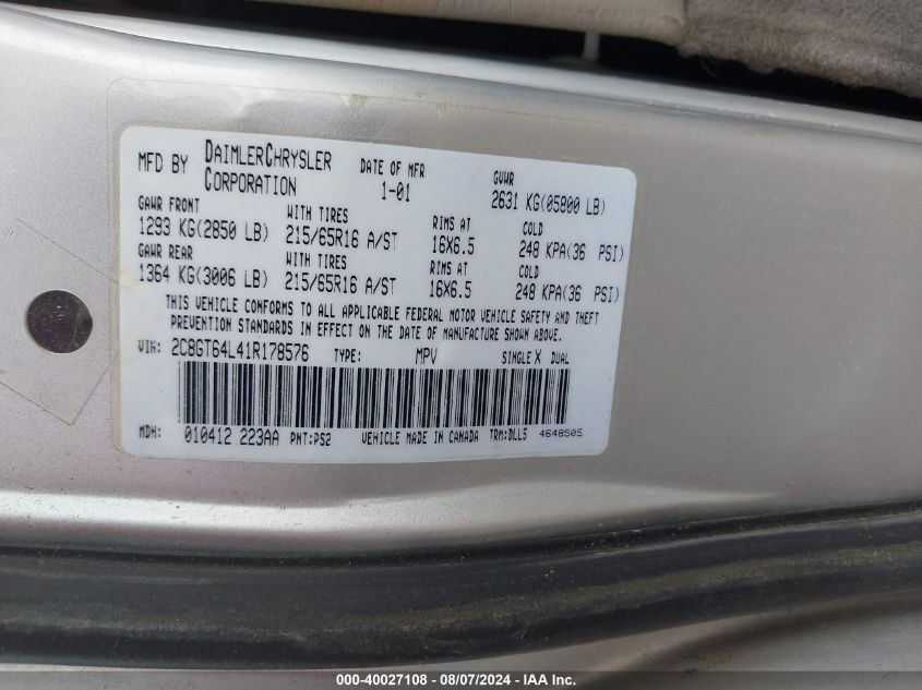 2001 Chrysler Town & Country Limited VIN: 2C8GT64L41R178576 Lot: 40027108