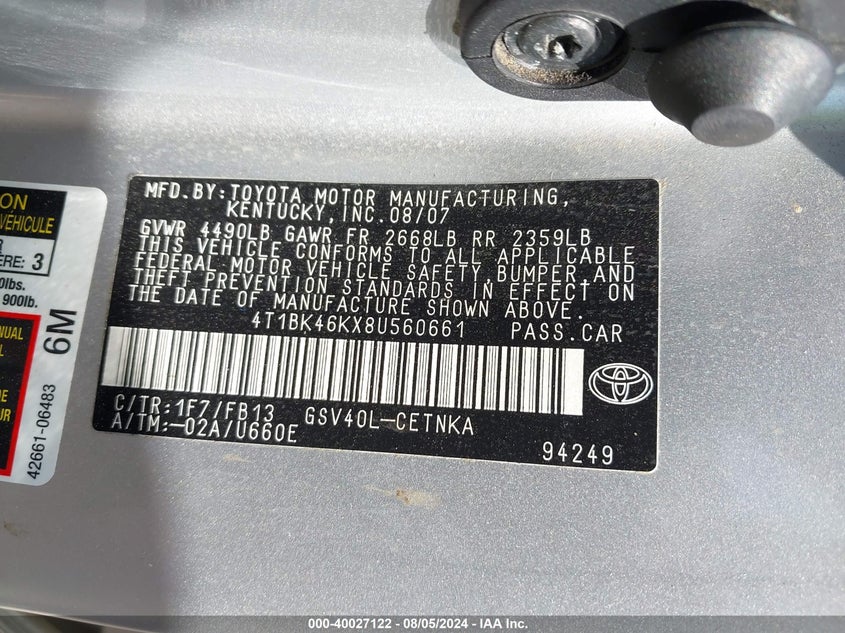 2008 Toyota Camry Le V6 VIN: 4T1BK46KX8U560661 Lot: 40027122